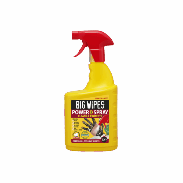 Power Spray Big Wipes allt-i-ett rengöringsspray för händer, verktyg och ytor.